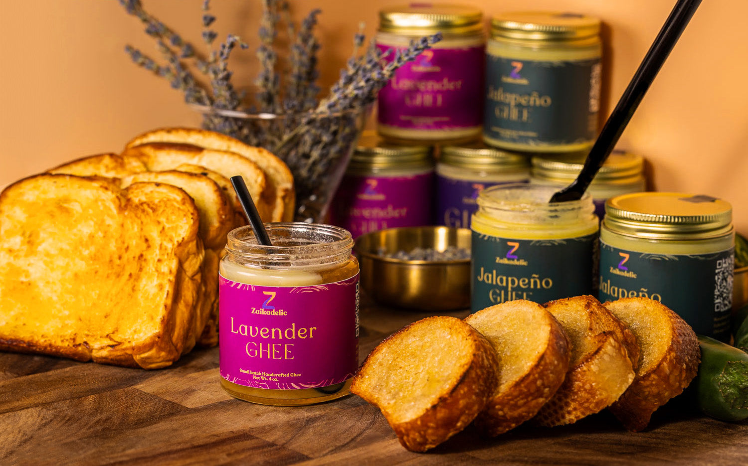 Zaikadelic ghee jars on a bread board