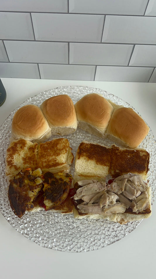 Dinner rolls toasted using Zaikadelic Jalapeno Ghee and served with Leftover Turkey and Cranberry Sauce or Veggie Patty